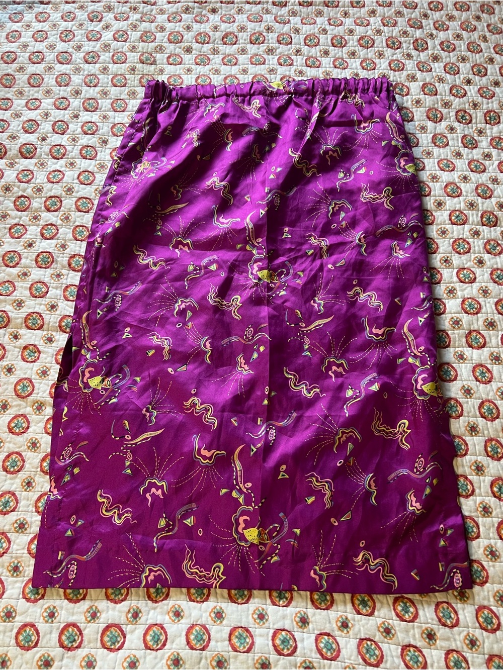 Vintage 80s / 90s 100% Silk Abstract Purple Side Slits Midi Skirt size 10 - Picture 6 of 8